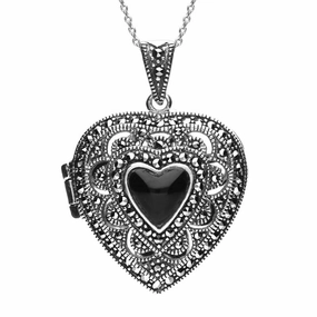 Sterling Silver Whitby Jet Marcasite Large Heart Locket Necklace