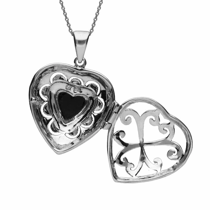 Sterling Silver Whitby Jet Marcasite Large Heart Locket Necklace