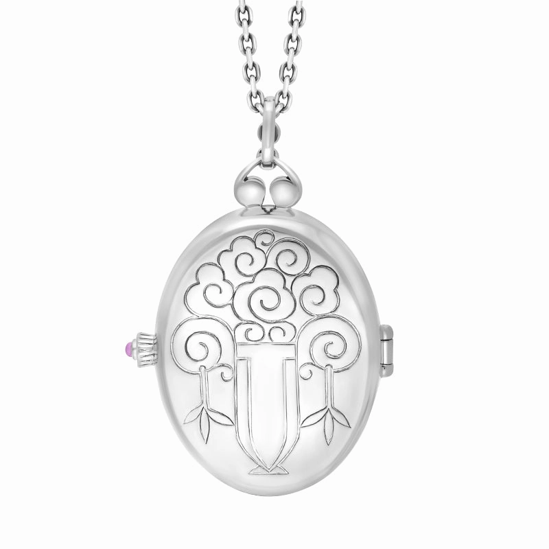 Sterling Silver Whitby Jet Marcasite Large Oval Flower Edge Locket Necklace
