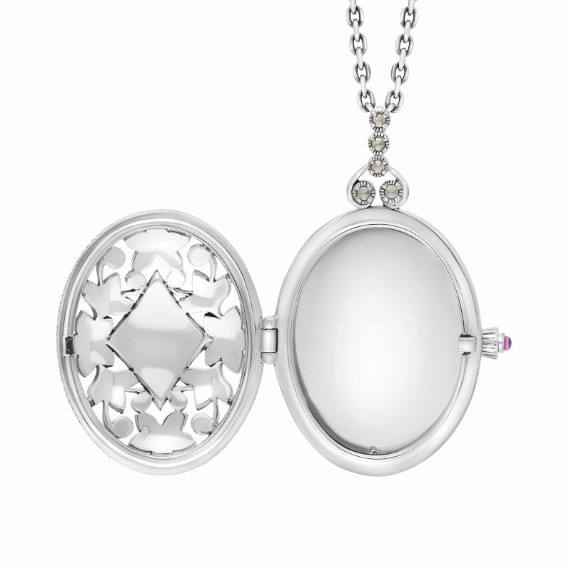 Sterling Silver Whitby Jet Marcasite Large Oval Flower Edge Locket Necklace