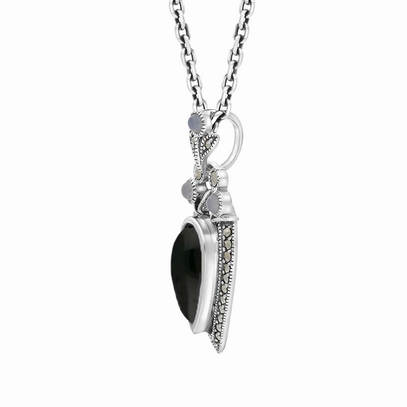Sterling Silver Whitby Jet Marcasite Moonstone Upside Down Pear Necklace
