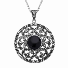 Sterling Silver Whitby Jet Marcasite Open Circle Necklace