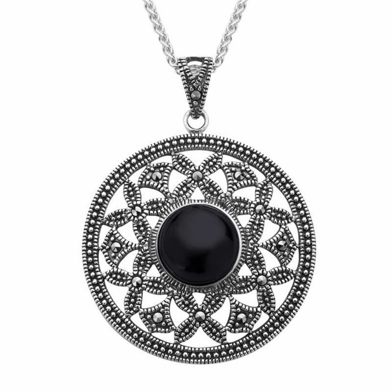 Sterling Silver Whitby Jet Marcasite Open Circle Necklace