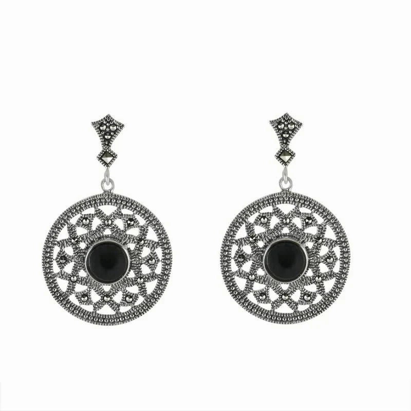 Sterling Silver Whitby Jet Marcasite Open Circle Round Drop Earrings