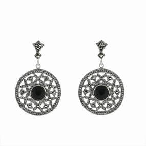 Sterling Silver Whitby Jet Marcasite Open Circle Round Drop Earrings