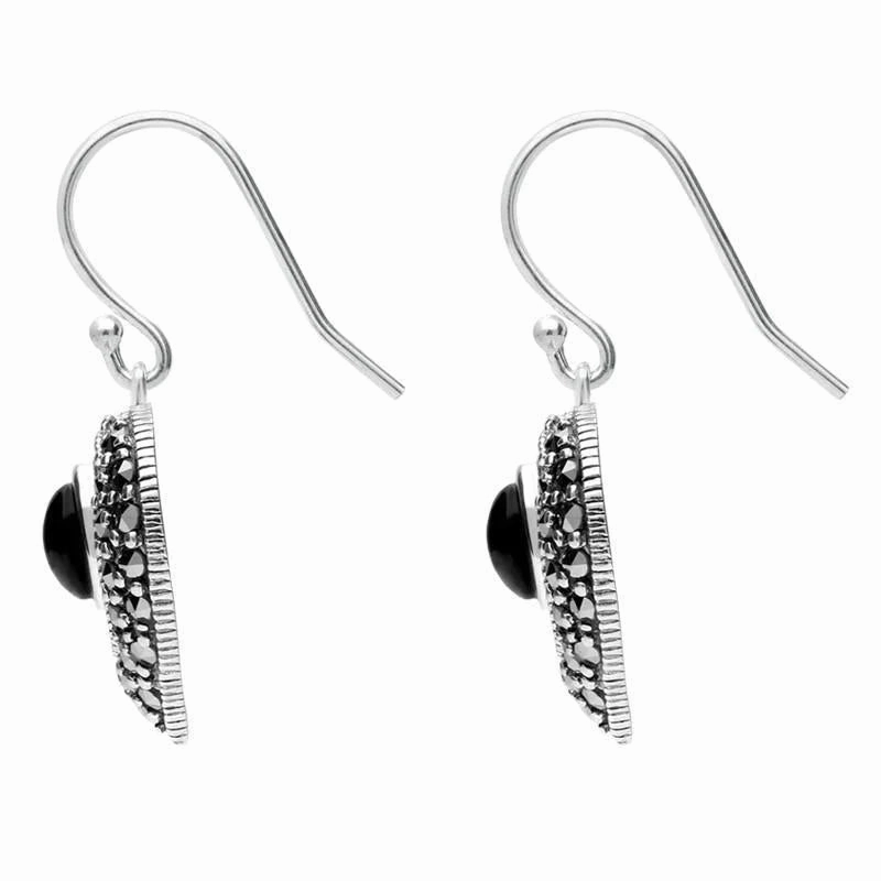 Sterling Silver Whitby Jet Marcasite Oval Swirl Heart Hook Earrings