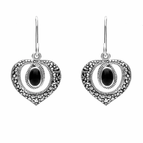 Sterling Silver Whitby Jet Marcasite Oval Swirl Heart Hook Earrings