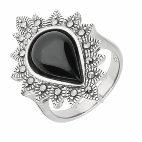 Sterling Silver Whitby Jet Marcasite Pear Beaded Edge Ring