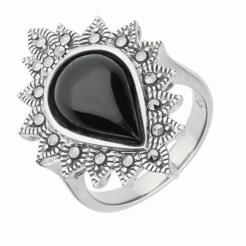 Sterling Silver Whitby Jet Marcasite Pear Beaded Edge Ring