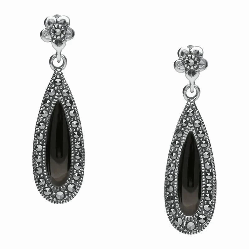 Sterling Silver Whitby Jet Marcasite Pear Drop Stud Earrings