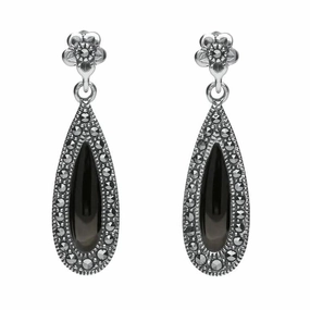 Sterling Silver Whitby Jet Marcasite Pear Drop Stud Earrings