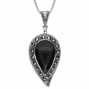 Sterling Silver Whitby Jet Marcasite Pear Necklace