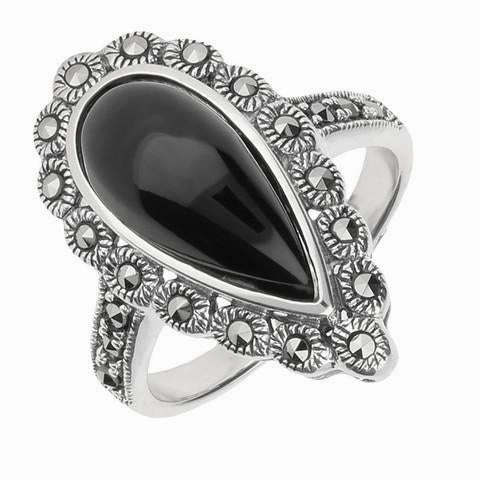 Sterling Silver Whitby Jet Marcasite Pear Ring