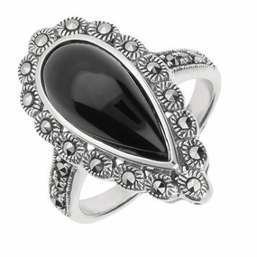 Sterling Silver Whitby Jet Marcasite Pear Ring