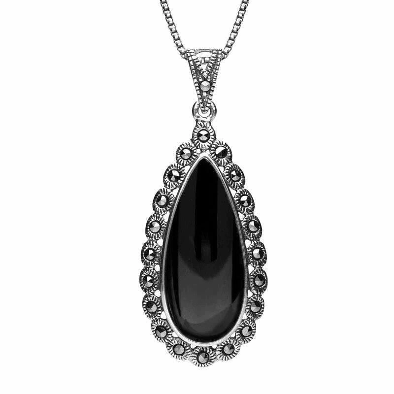 Sterling Silver Whitby Jet Marcasite Scalloped Edge Pear Necklace