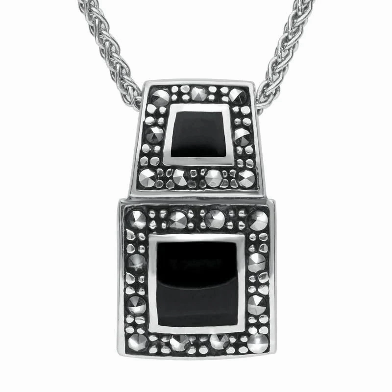 Sterling Silver Whitby Jet Marcasite Two Stone Square Graduated Necklace D