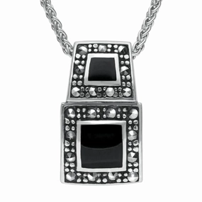 Sterling Silver Whitby Jet Marcasite Two Stone Square Graduated Necklace D