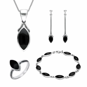 Sterling Silver Whitby Jet Marquise Four Piece Set