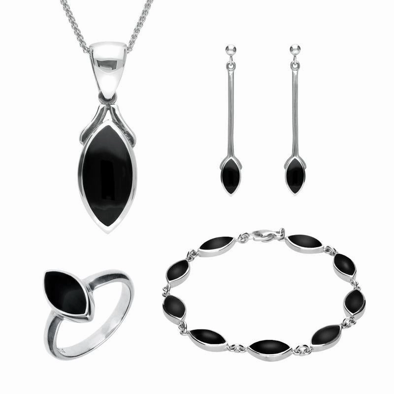 Sterling Silver Whitby Jet Marquise Four Piece Set