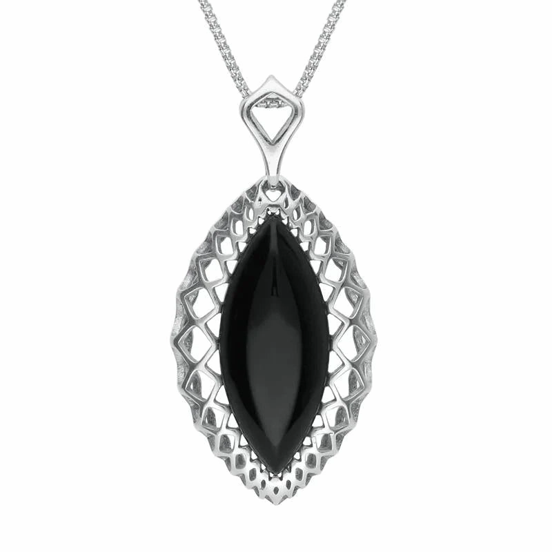 Sterling Silver Whitby Jet Marquise Pierced Necklace