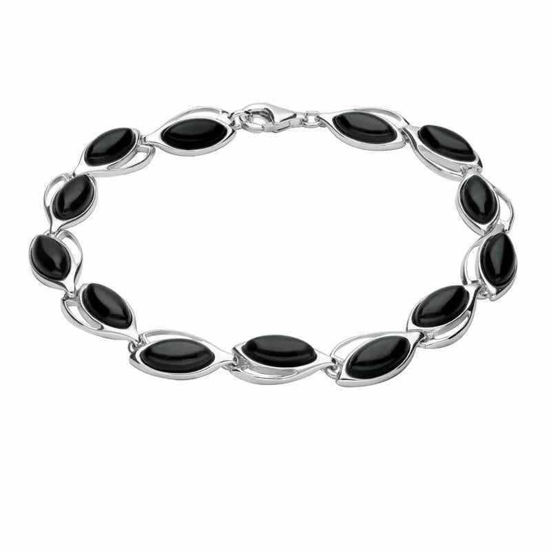Sterling Silver Whitby Jet Marquise Thirteen Stone Bracelet