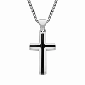 Sterling Silver Whitby Jet Medium Slim Cross Necklace D