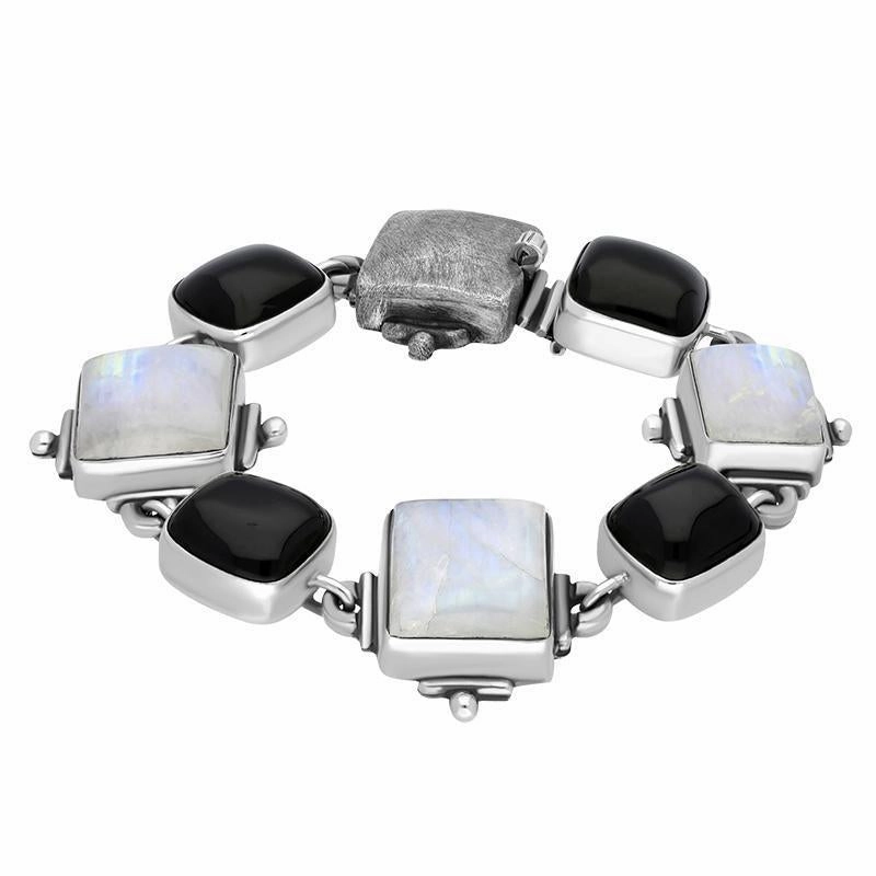 Sterling Silver Whitby Jet Moonstone Square Unique Bracelet
