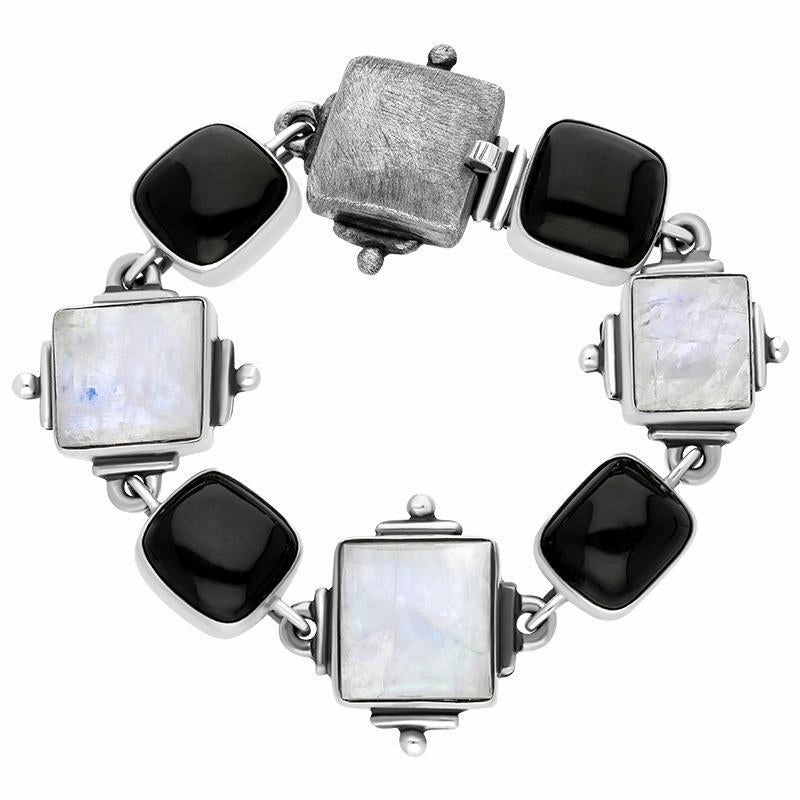 Sterling Silver Whitby Jet Moonstone Square Unique Bracelet