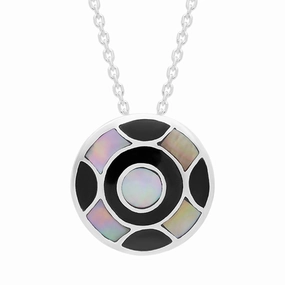 Sterling Silver Whitby Jet Mother of Pearl Circle Necklace D