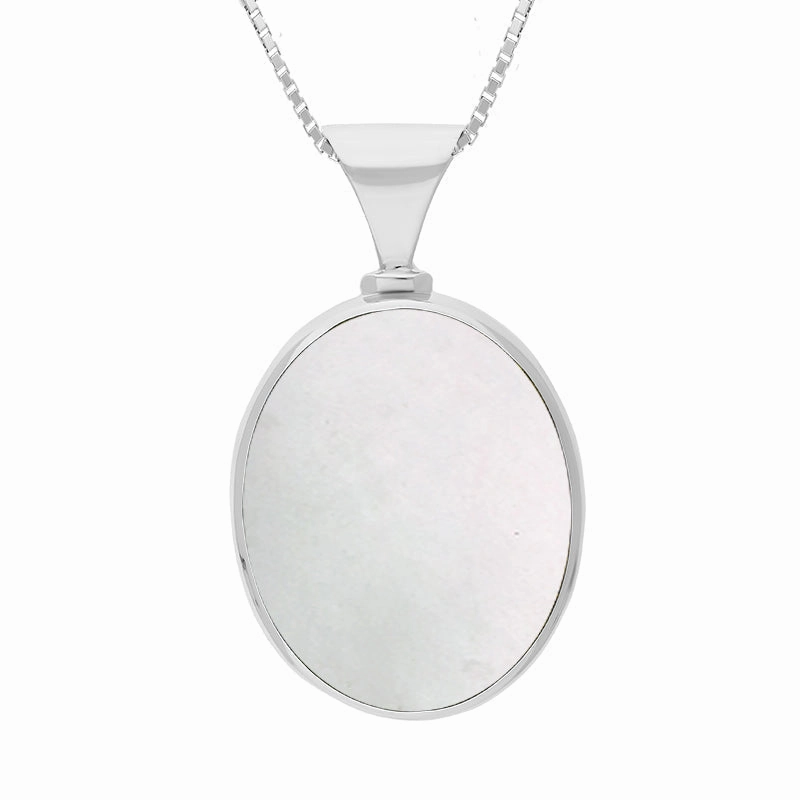 Sterling Silver Whitby Jet Mother of Pearl Queens Jubilee Hallmark Double Sided Oval Necklace D