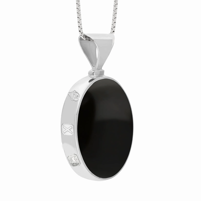 Sterling Silver Whitby Jet Mother of Pearl Queens Jubilee Hallmark Double Sided Oval Necklace D