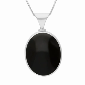Sterling Silver Whitby Jet Mother of Pearl Queens Jubilee Hallmark Double Sided Oval Necklace D