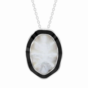 Sterling Silver Whitby Jet Mother of Pearl Ripple Oval Necklace D