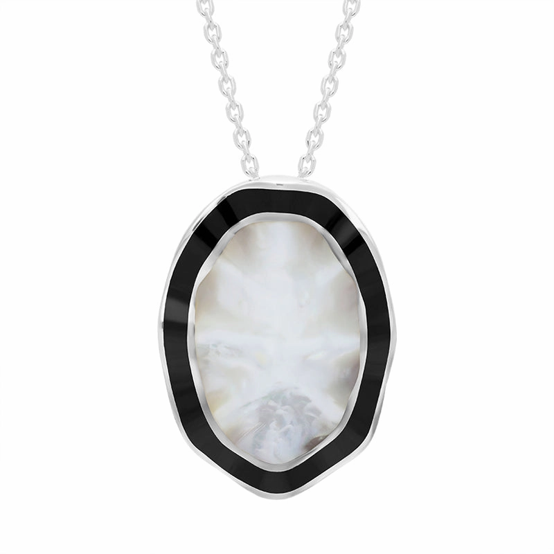 Sterling Silver Whitby Jet Mother of Pearl Ripple Oval Necklace D