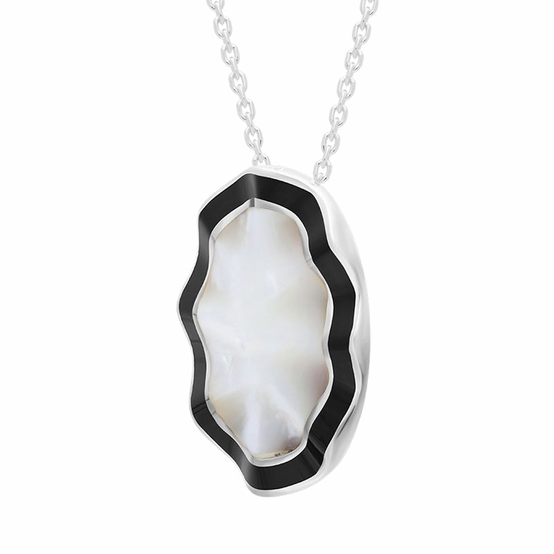 Sterling Silver Whitby Jet Mother of Pearl Ripple Oval Necklace D