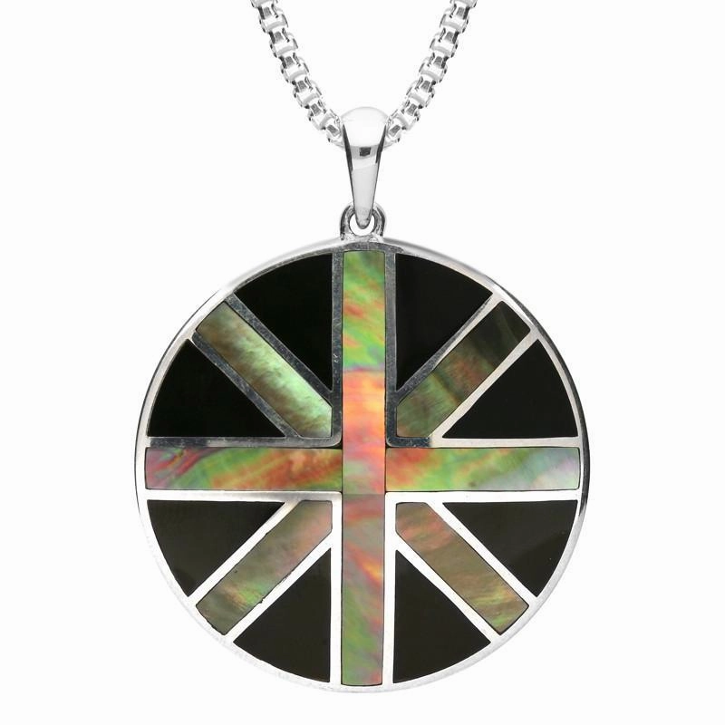 Sterling Silver Whitby Jet Mother of Pearl Union Jack Necklace