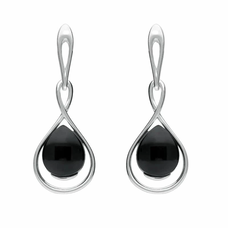 Sterling Silver Whitby Jet Open Pear Twist Drop Earrings