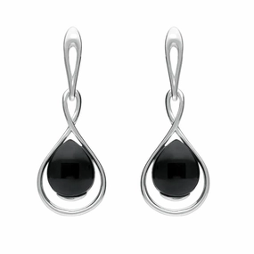 Sterling Silver Whitby Jet Open Pear Twist Drop Earrings