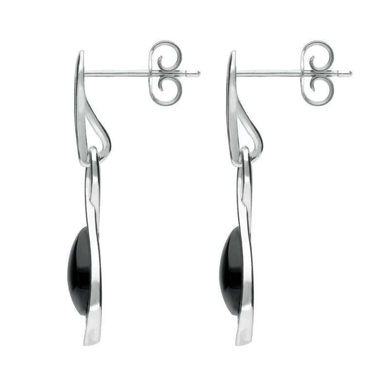 Sterling Silver Whitby Jet Open Pear Twist Drop Earrings