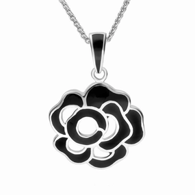 Sterling Silver Whitby Jet Open Rose Necklace