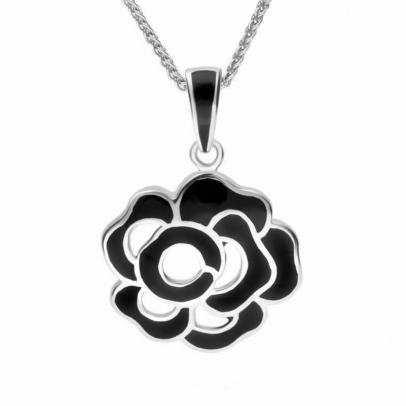 Sterling Silver Whitby Jet Open Rose Necklace