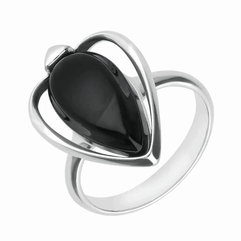 Sterling Silver Whitby Jet Open Sides Pear Ring