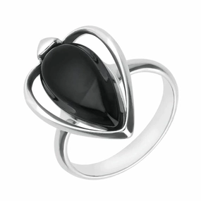 Sterling Silver Whitby Jet Open Sides Pear Ring