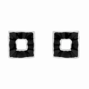 Sterling Silver Whitby Jet Open Wavy Square Stud Earrings D