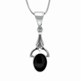 Sterling Silver Whitby Jet Oval Art Deco Drop Necklace