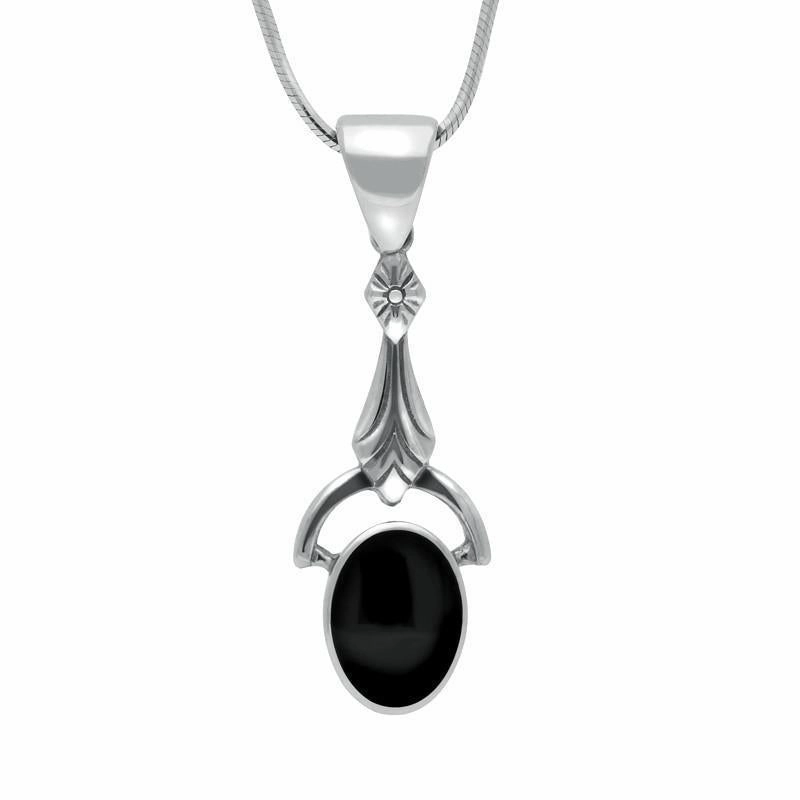 Sterling Silver Whitby Jet Oval Art Deco Drop Necklace