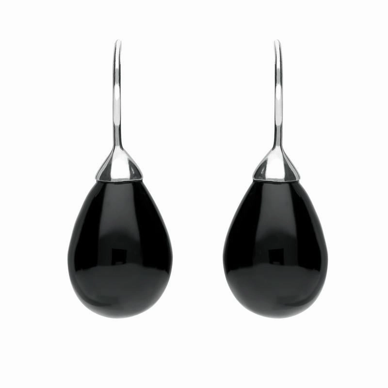 Sterling Silver Whitby Jet Oval Bead Hook Earrings