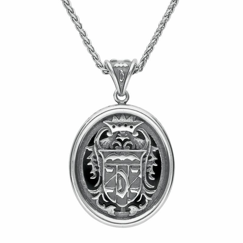 Sterling Silver Whitby Jet Oval Dracula Crest Necklace