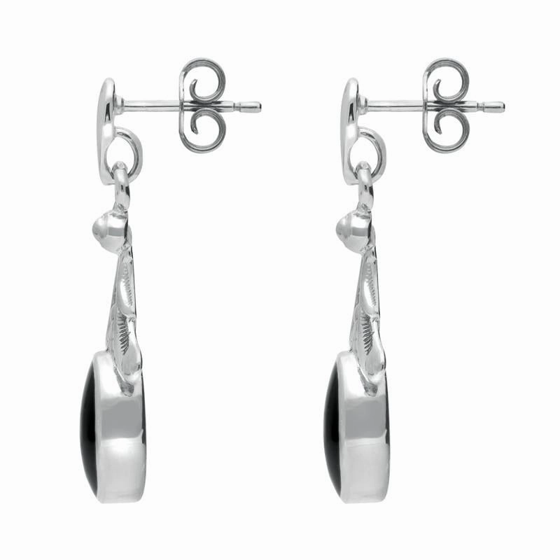 Sterling Silver Whitby Jet Oval Leaf Drop Stud Earrings