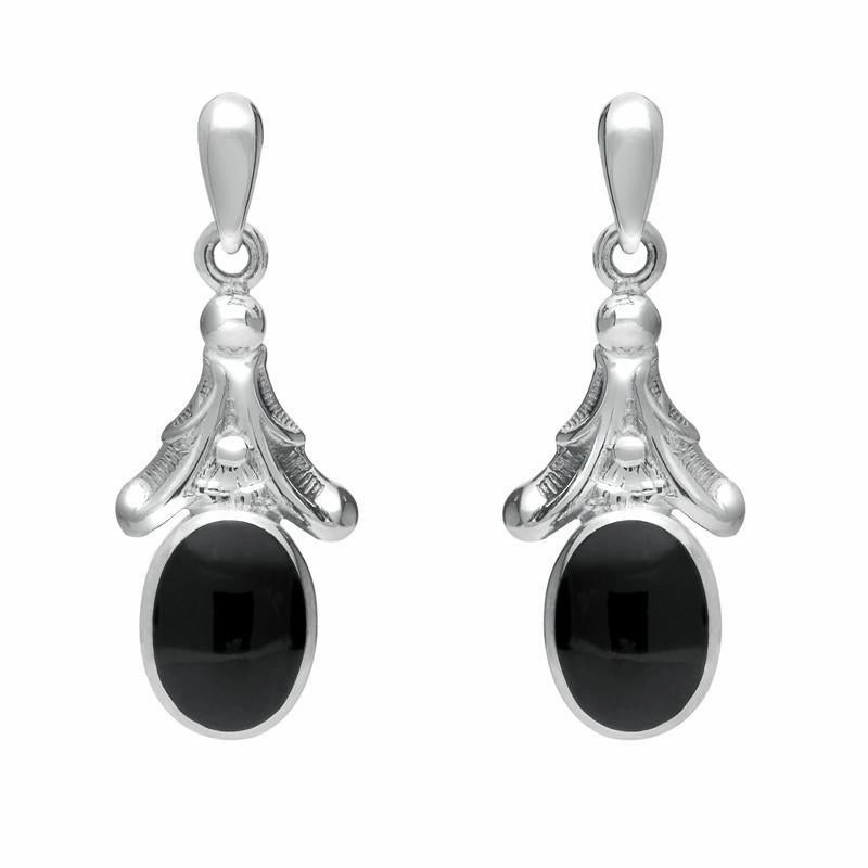 Sterling Silver Whitby Jet Oval Leaf Drop Stud Earrings